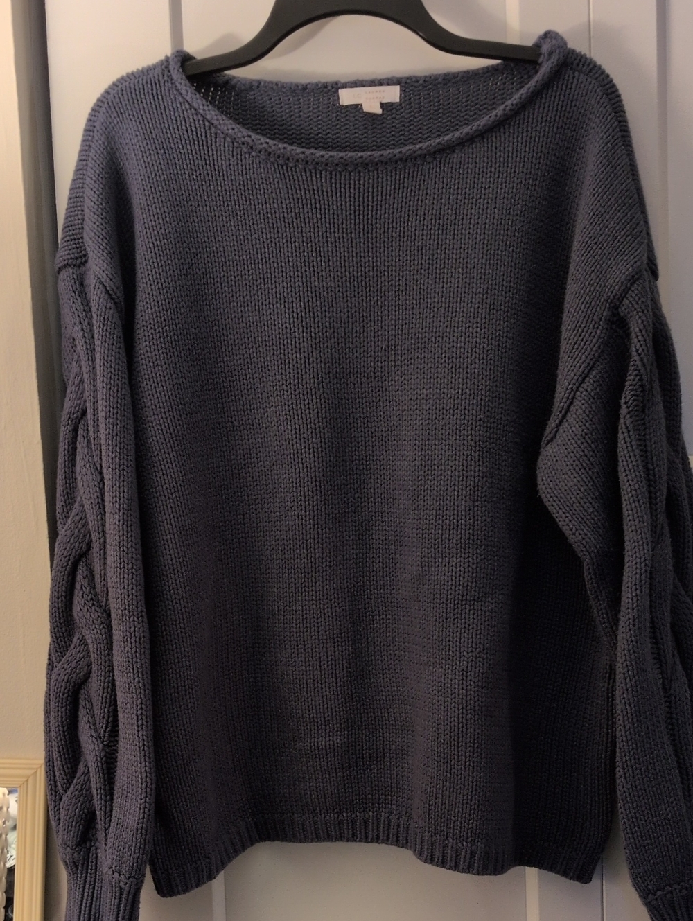 LC Lauren Conrad Grey-blue Crewneck Sweater with Cable Sleeve Detail